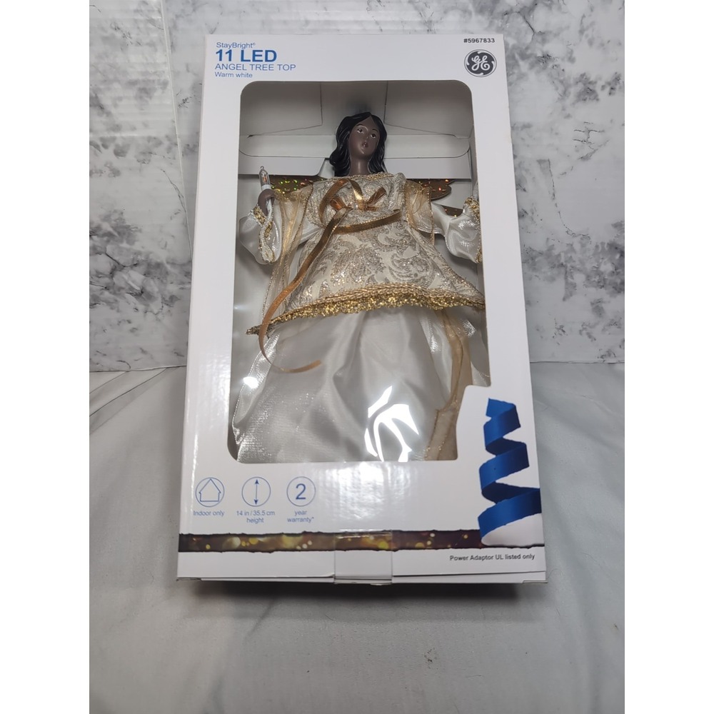 GE StayBright 14" African American Angel White/Gold Christmas Tree Topper 11 LED